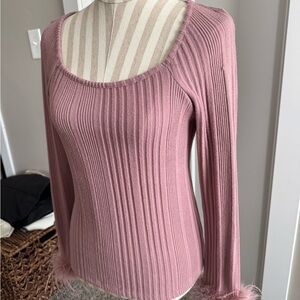 Mauve Ribbed Sweater with Feather Trim